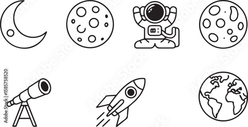 International Moon Day vector icon set with moon astronaut rocket telescope earth for science