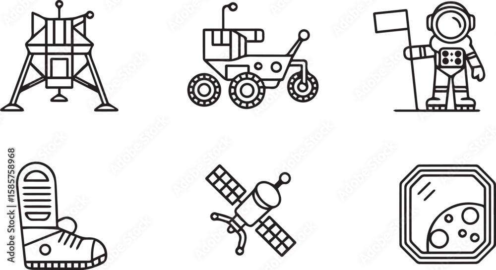 Fototapeta premium International Moon Day vector icon set with lunar lander rover astronaut flag satellite boot