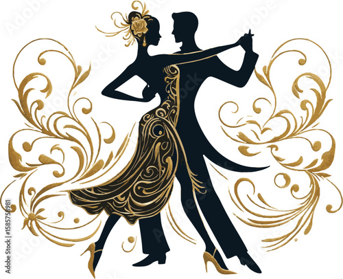  A striking image depicting an elegant couple dancing gracefully, with fluid gold and white line accents, creating a dramatic and stylish composition set against