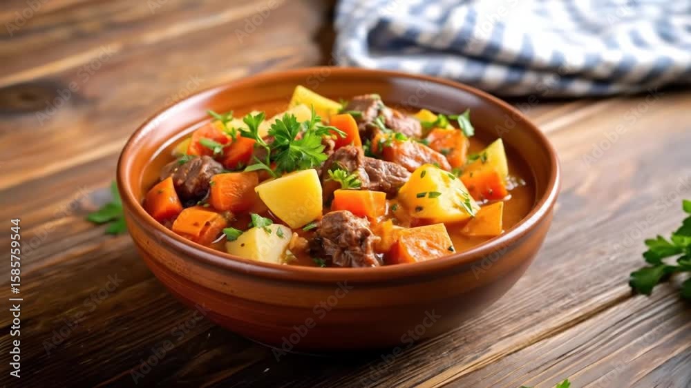 Beef stew in bowl on wooden table Beef stew in bowl on wooden table