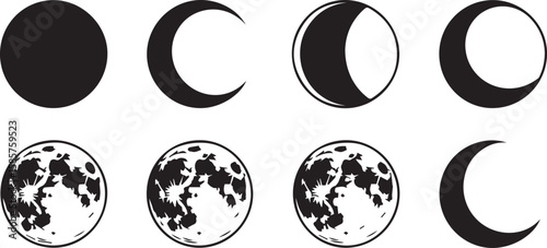 International Moon Day vector icon set with full moon crescent phases for astronomy education