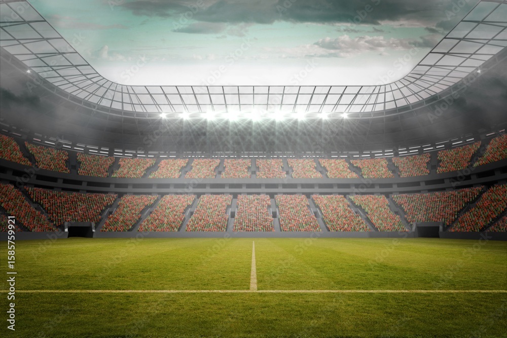 Obraz premium Flat design is showing pitch with white center line, stadium roof, floodlights, red-yellow seating