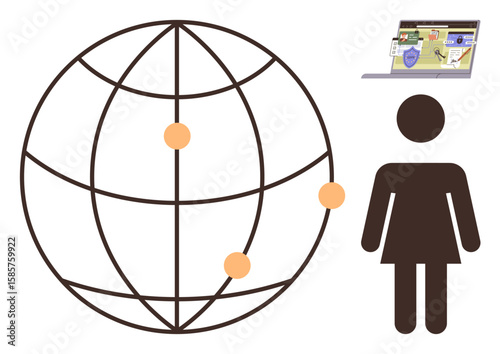 Globe with network points, female figure symbolizing user, laptop with online content. Ideal for global reach, communication, internet, digital literacy, networking education online privacy. Simple