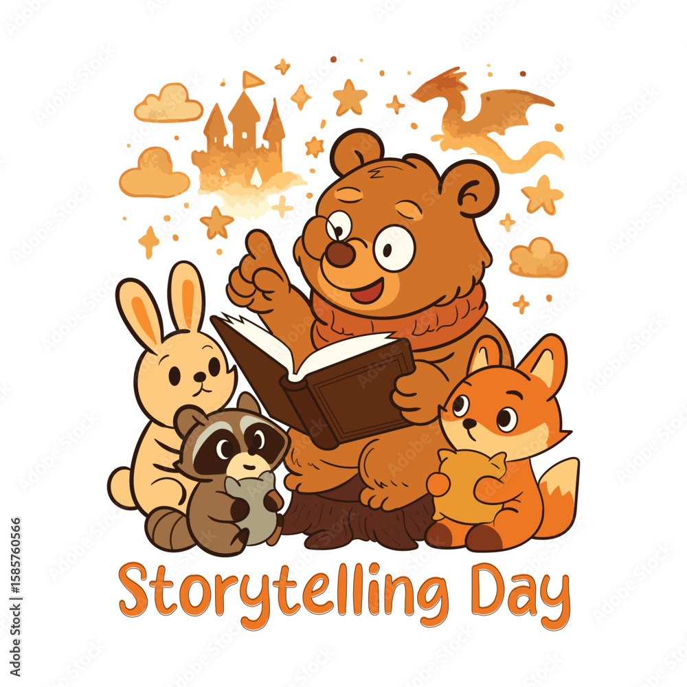 Obraz premium Storytelling Day Warmhearted Bear Telling Magical Stories to Animal Friends Gathered Around with Wonder and Joy