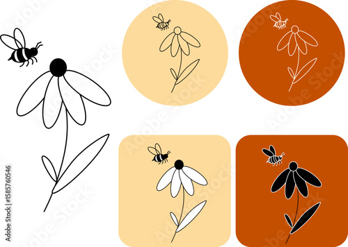 Bees on a flower logotype. Vector graphic line illustration. Silhouette sign for logo, print, comics, fashion, pop art, boards, design, stickers, decoration, posters