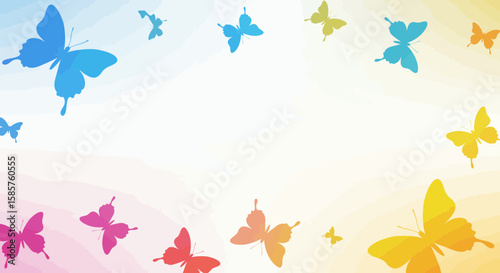 Colorful butterflies silhouetted against a vibrant gradient background creating a lively feel