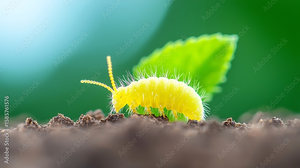 Vibrant Yellow Caterpillar on Soil, Macro Nature Vibrant Yellow Caterpillar on Soil, Macro Nature