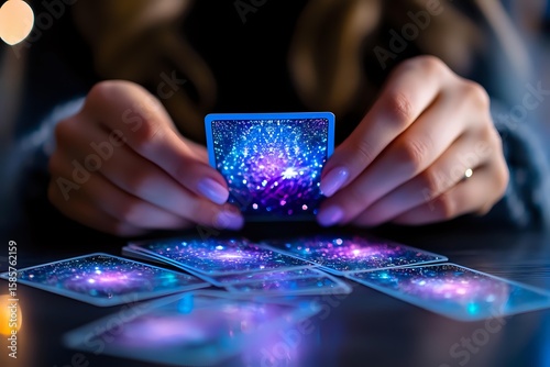 Mystical tarot cards with glowing cosmic galaxy design spread on dark table, featuring ethereal purple and blue nebula patterns. Fortune telling concept.