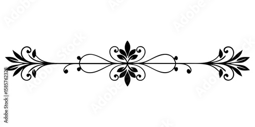This elegant black ornamental divider presents a minimal lace texture with delicate floral ends set against a clean white backdrop, perfect for enhancing designs.