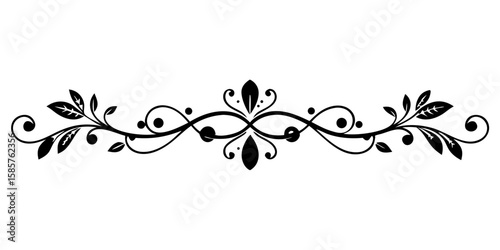 Delicate minimal black ornamental divider with floral accents in a lace texture set against a pristine white backdrop offers an elegant design element.