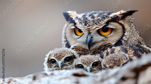Great horned owl parent protectively watching over two baby owlets nestled together, showcasing bright amber eyes and detailed feather patterns in soft natural lighting.