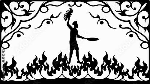 Silhouette of a man with tambourine and frying pan standing on flames with floral decorative border