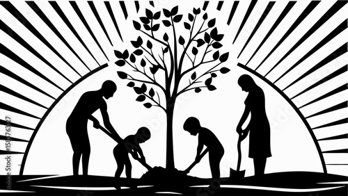 A family planting a tree together under radiating sunbeams in a black and white silhouette design
