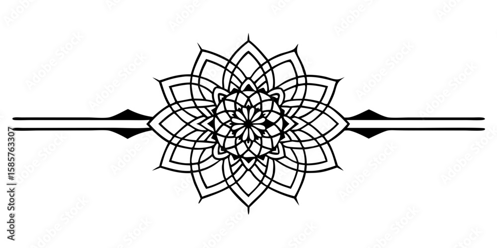 Fototapeta premium This geometric red mandala line art divider presents a visually striking centered design on a crisp white background, suitable for various creative projects.