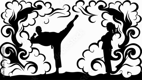 Silhouette of martial artist kicking with a female figure surrounded by abstract floral elements art