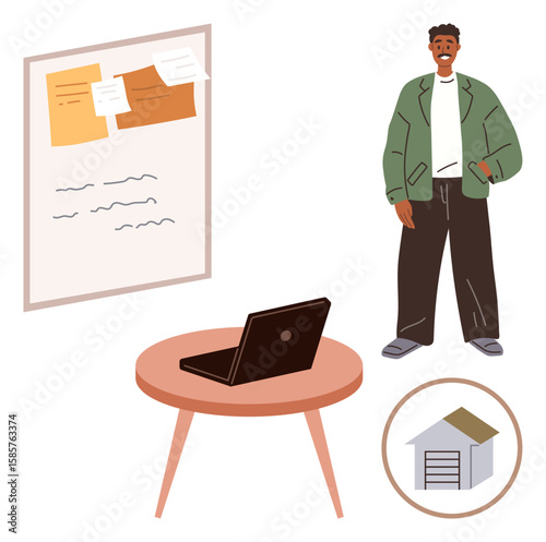 Man in casual attire near table with laptop, brainstorming notes on board, and small building icon. Ideal for creativity, teamwork, organization, planning, project management, collaboration