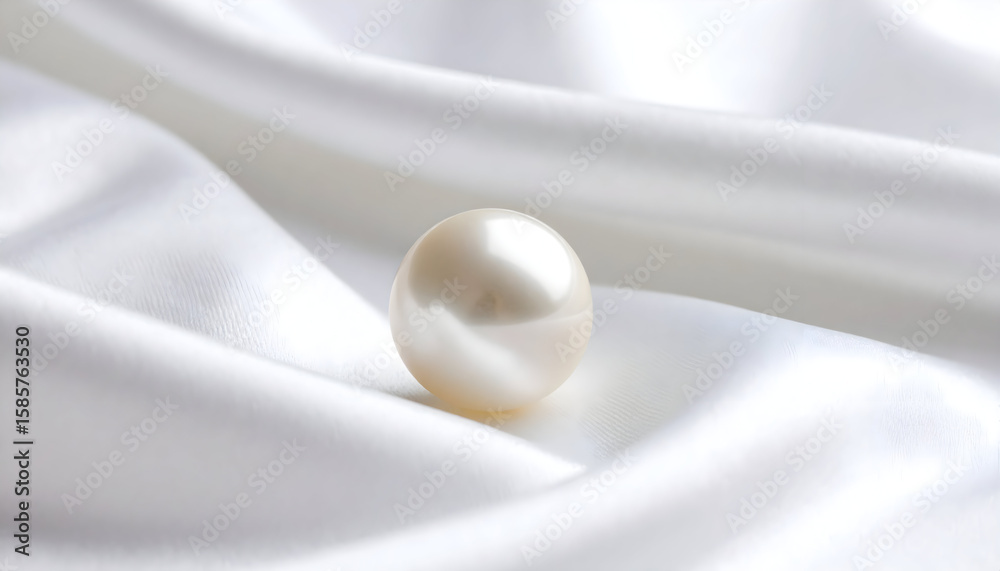 Fototapeta premium Single Pearl on White Silk Fabric