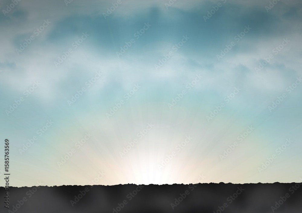 Obraz premium Vast sky is stretching above low dark horizon in flat design, showing sunrise rays