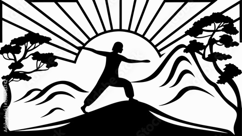 Silhouette of person in yoga pose on a hill with sun rays trees and mountains in the background art