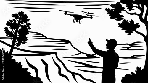 Silhouette of a man pointing at a drone flying over a landscape with trees and water in black and white