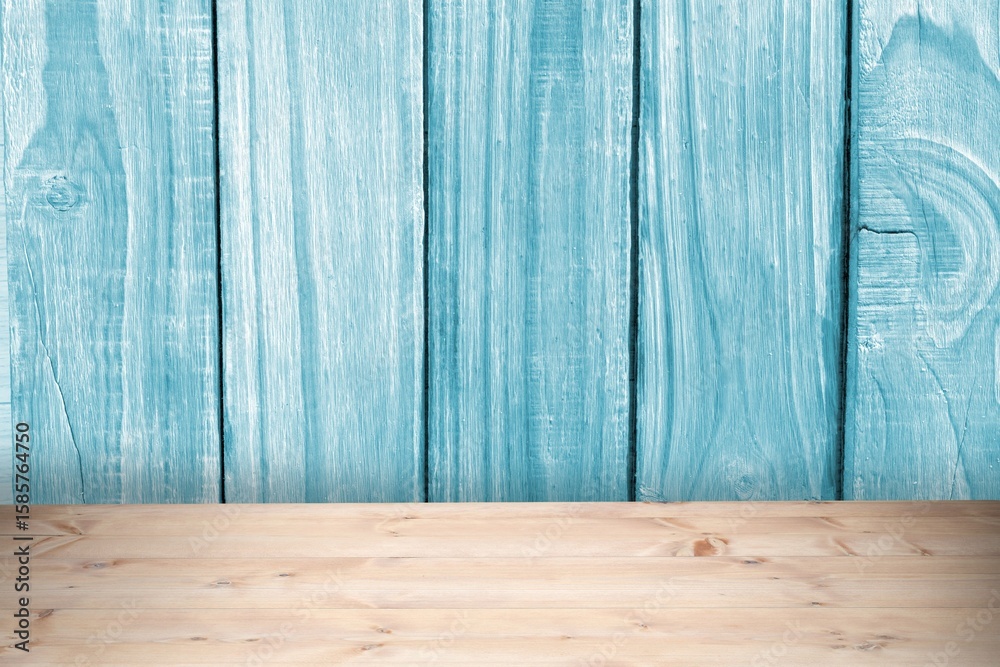 Fototapeta premium Flat design vector featuring light natural wood tabletop surface against turquoise plank wall