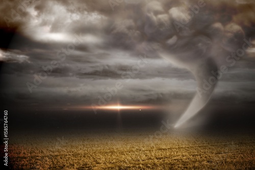 Stormy sky with tornado over field