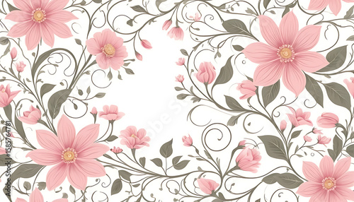 Elegant Pink Floral Pattern with Gray Leaves and Swirling Vines.