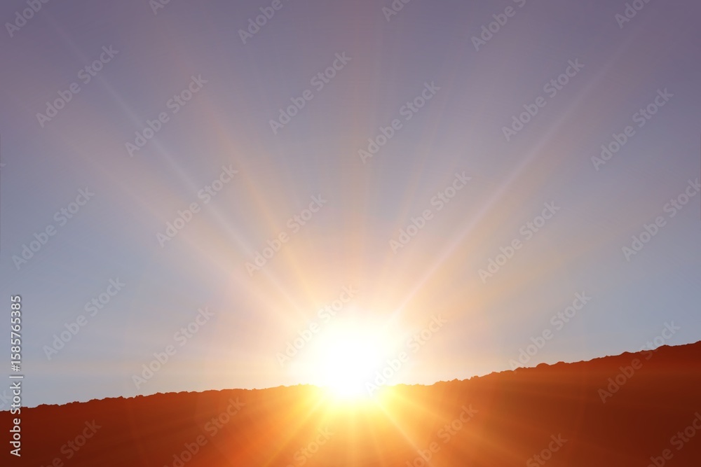 Obraz premium Glowing sun disk is rising over jagged ridge in flat vector design, casting vibrant color gradient