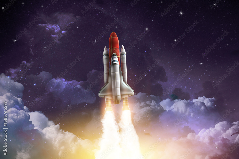 Modern space rocket in beautiful starry sky Modern space rocket in beautiful starry sky