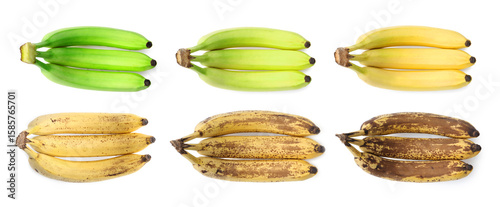 Banana fruits of different ripening stages on white background, collage. Top view
