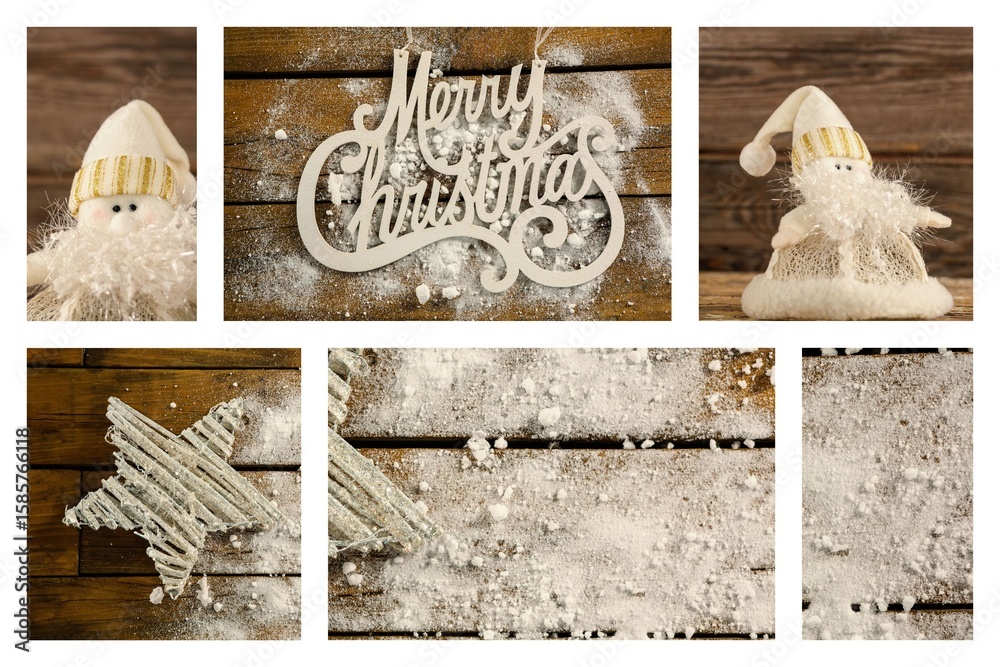 Obraz premium Showing Christmas panels on snowy wood featuring Santa dolls, stars, Merry Christmas sign