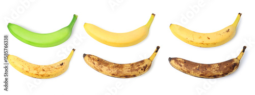 Banana fruits of different ripening stages on white background, collage. Top view