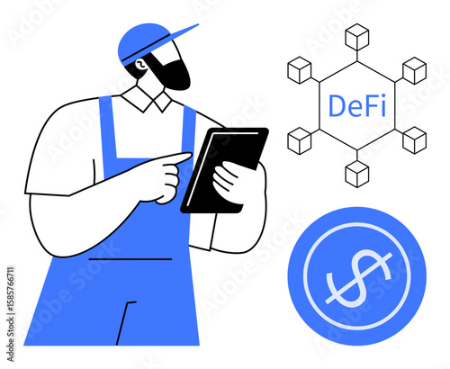 Worker in cap and overalls holding tablet alongside decentralized finance blockchain and dollar icon. Ideal for blockchain technology, digital currency, fintech, finance automation, innovation, data