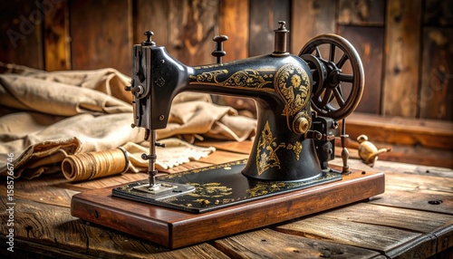 Antique sewing machine on rustic wooden table (1)