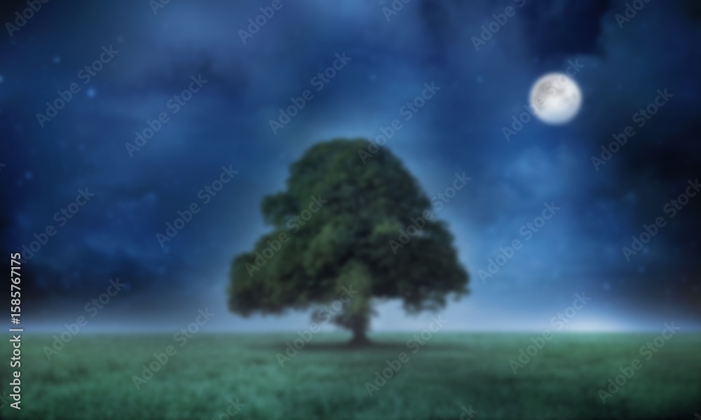 Naklejka premium Tree on grass field in moon light