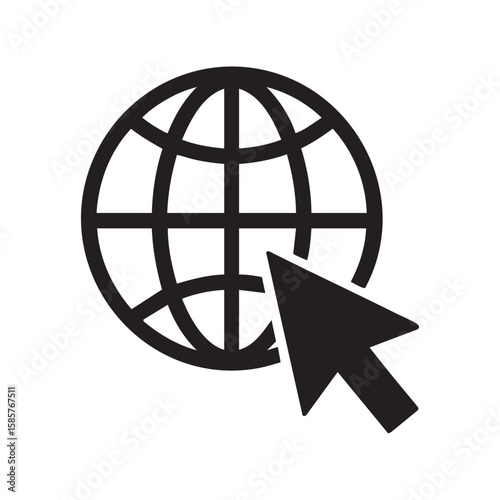 Solid black icon of a globe with a cursor arrow indicating internet browsing, global connectivity, and web access