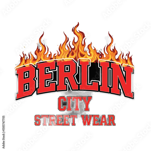 Bold Berlin City Street Wear Logo with Fiery Flames and Red Text.