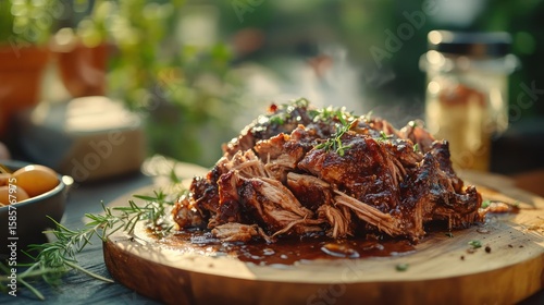 Delicious pulled pork on a wooden board, garnished with rosemary.