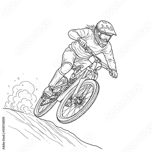 Line Art of Downhill Mountain Biker with Helmet and Protective Gear.