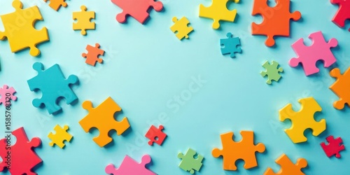 Brightly colored puzzle pieces arranged on a light blue background creating a vibrant and playful composition, ideal for representing teamwork, problem-solving, or creative thinking.