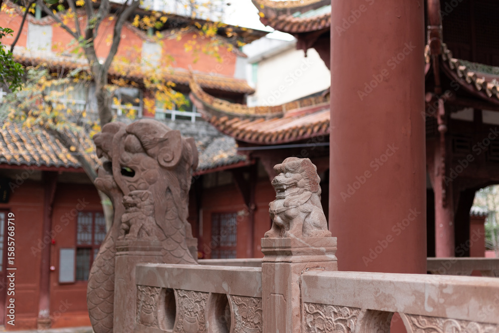 Fototapeta premium The stone lion sculptures in the Confucian Temple of Deyang, Sichuan Province, China