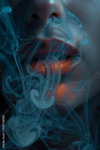 Closeup of woman's mouth and face blowing smoke