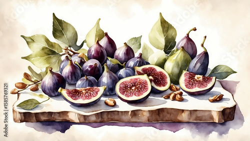 Watercolor painting of figs on wooden board with leaves and nuts  