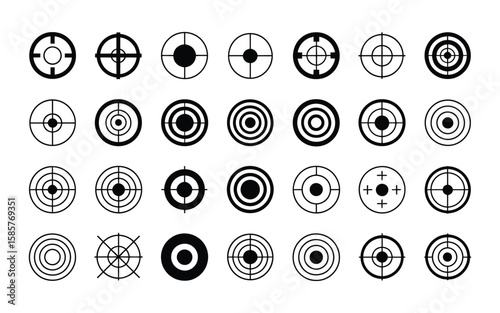 Target and Aim Vector Icon Collection Featuring Bullseye Symbols, Crosshairs, and Precision Graphics Ideal for Focus Design, Archery, Shooting Sports, Navigation UI, and Digital Art

