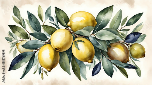 Watercolor illustration of lemon branch with green leaves  