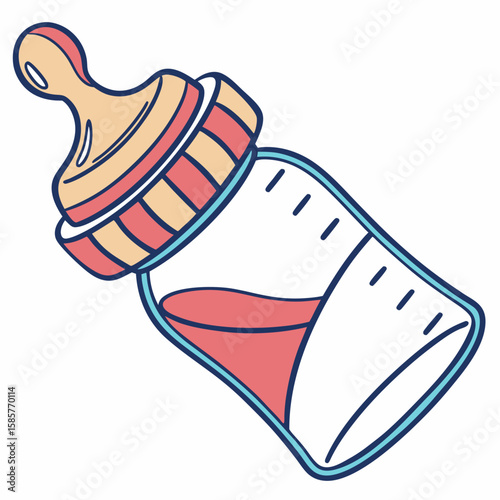 Colorful cartoon baby bottle with pink liquid in a playful style