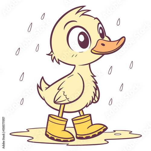 Cute cartoon duckling wearing yellow boots in the rain