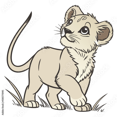 Adorable baby lion cub looking up in a playful style