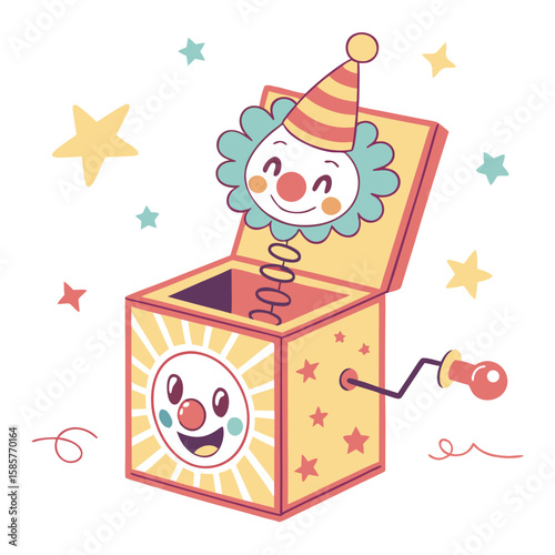 Cute cartoon jack-in-the-box clown popping out in a playful style