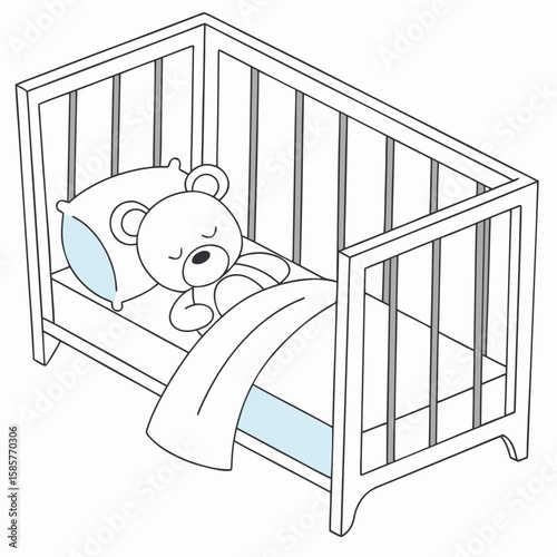 Cute cartoon teddy bear sleeping in a crib in a peaceful style